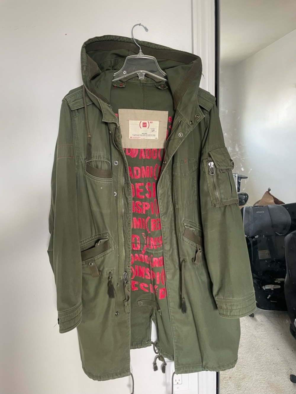 GAP (RED) Olive Green Military Jacket with Red Graphic Lining